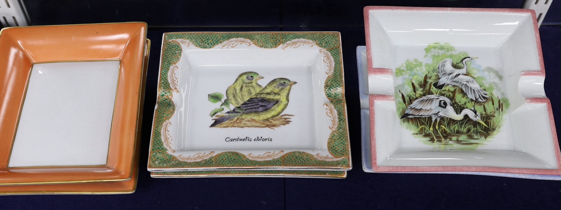 A Hermes 'horses' ashtray and other similar porcelain ashtrays, including Limoges, Hermes ashtray: 19cms wide